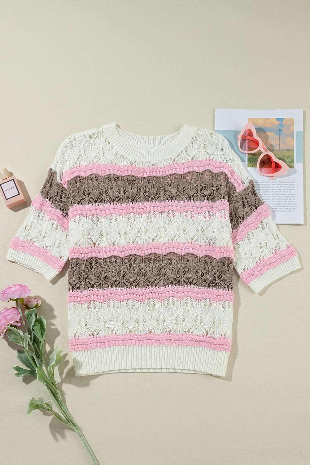 Elegant brown striped crochet sweater - Love Salve